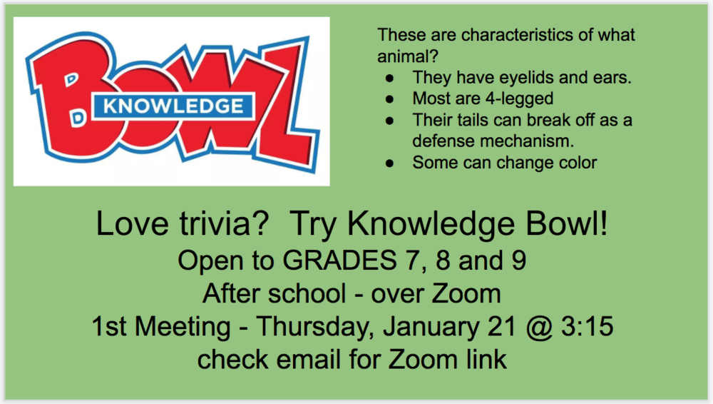 Knowledge Bowl for Grades 7, 8 and 9 is Starting!