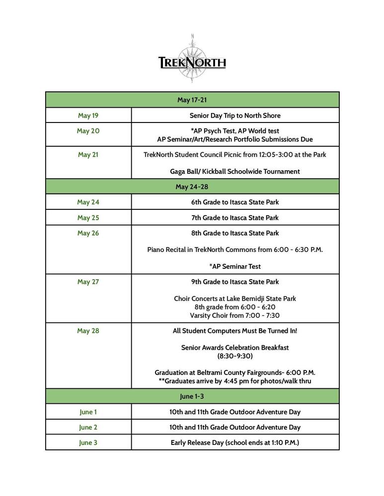 May 2021 Schedule of Events